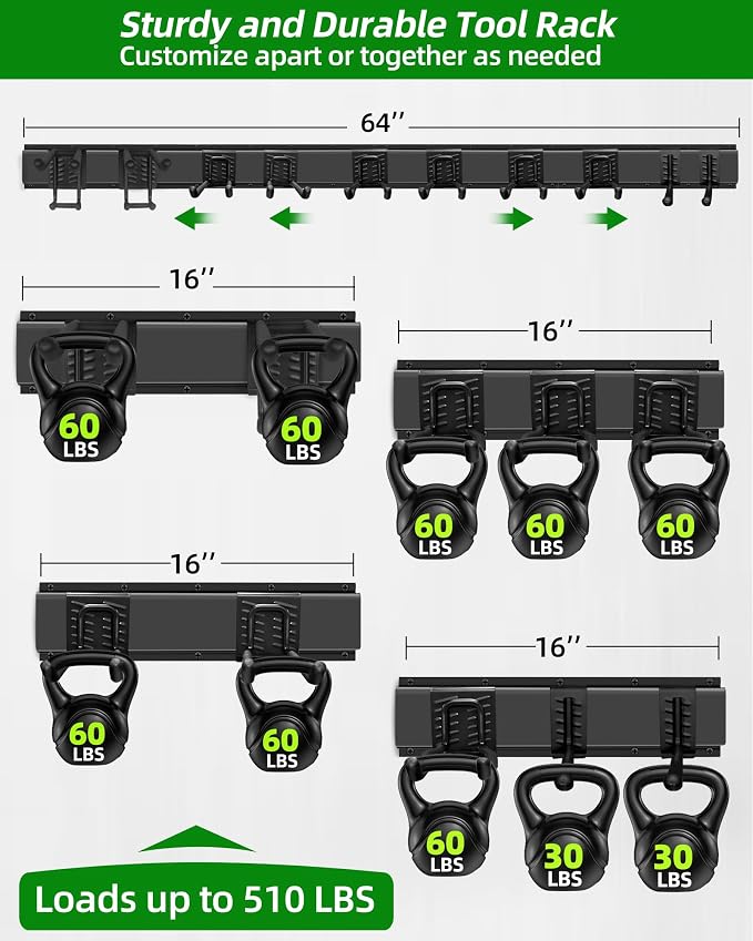 PIYILO 64 inches Garage Tool Organizer Wall Mount, Garden Tool Organizer Rack Heavy Duty, Hanging Storage Organization Racks Holder with 10 Hooks, for Lawn Tools, Shovel, Shed - Image 3