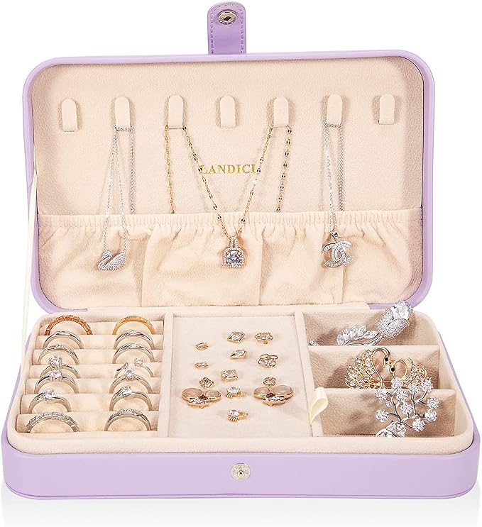 LANDICI Small Jewelry Box for Women Girls, PU Leather Travel Jewelry Case, Portable Jewelry Organizer Storage Holder Display for Ring Earrings Necklace Bracelet Bangle Men Kids Gift, Lavender - Image 2