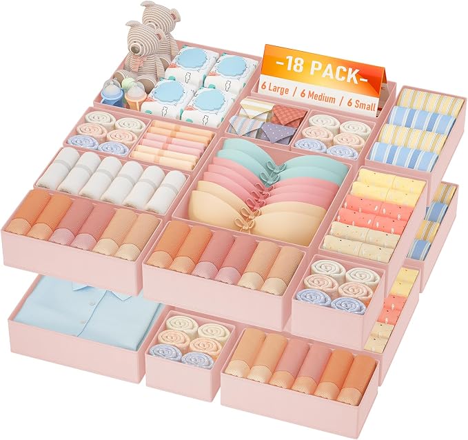 DIMJ Drawer Organizer Clothes Storage- 18 Pack Baby Dresser Organizer for Nursery, Foldable Closet Drawer Organizer Bins for Bedroom Organization, Fabric Storage Dividers for Socks, Underwears, Bras by DiMJ