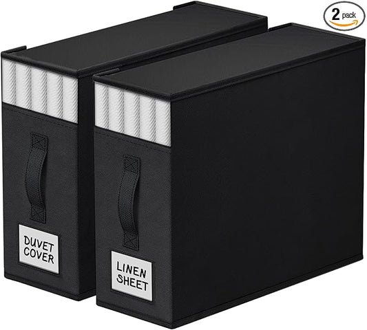 StorageTastic 2 Pack Bed Sheet Closet Organizers and Storage,Sturdy Foldable Storage Containers with Window and Label,Storage and Organization for Bedding Sheets,Duvet Covers,Blankets (Black) by StorageTastic