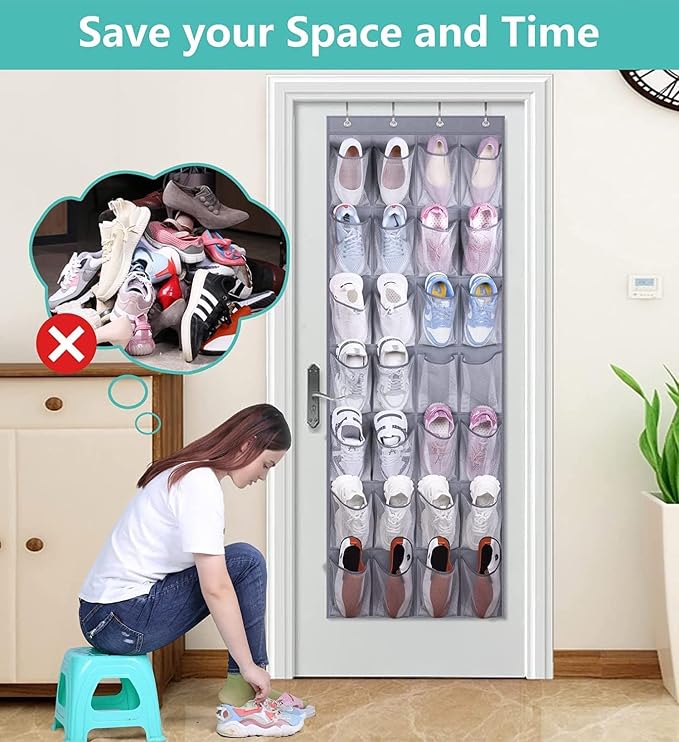MISSLO 28 Large Pockets Hanging Shoe Rack Door Shoe Organizer Hanging Shoe Storage Hanger for Closet Mesh Holder, Grey - Image 5
