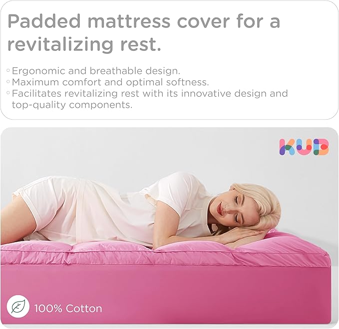 KUB Cal King Cotton Mattress Topper, Breathable Pillow Top with 8-21 Inch Deep Pocket, 3D Snow Down Alternative Fill, Fluffy College Dorm Mattress Pad Cover (Pink, California King 84 * 72inch)
