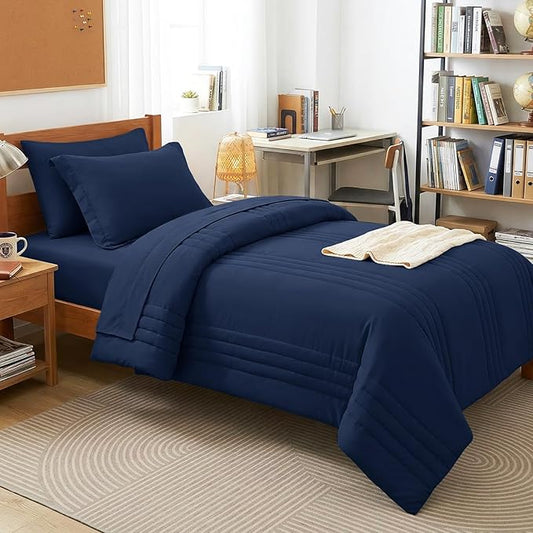 CozyLux Twin Comforter Set - 5 Pieces Bed in a Bag Navy Blue Comforter Set with Sheets Luxury Bed Set All Seasons, Soft Bedding Set with Down Alternative Comforter, Sheets, Pillowcases