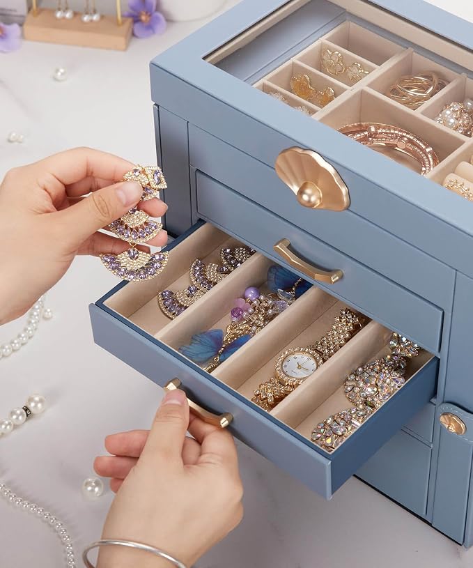 Enthralite Jewelry Box with 4 Drawers: Display Organizer for Earrings Necklaces - Gifts for Girls Women (Grey Blue) - Image 6