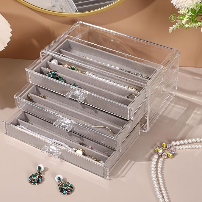 CLUQMEIK Necklace Organizer Box, Tray with Clear Lid, Dustproof Velvet Necklaces Holder Storage Display Case, Necklace Tray Drawer Insert for Pendant Suitable for Women and Girls (Grey) - Image 2