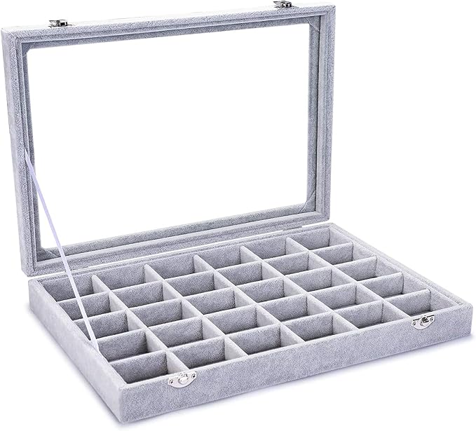 Jewelry Organizer Tray with Clear Lid 30 Grid Velvet Drawer Insert Jewelry Storage box with Glass lid Display Case Store Showcase Holder with Lock Gifts for Women - Image 4