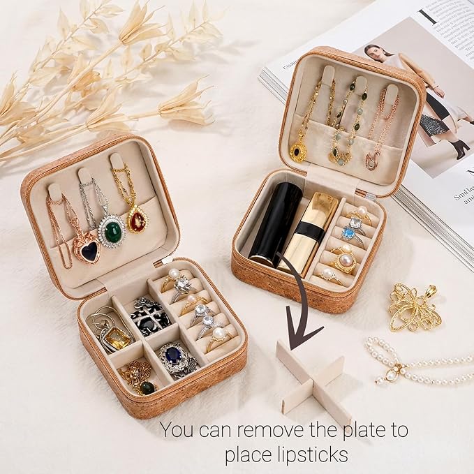 Retro Cork Jewelry Box with Bohemian Patterns for Storing Rings, Necklaces and Earrings During Travel, Soft Velvet Interior, 3.8x3.8x1.8 Inches - Image 7