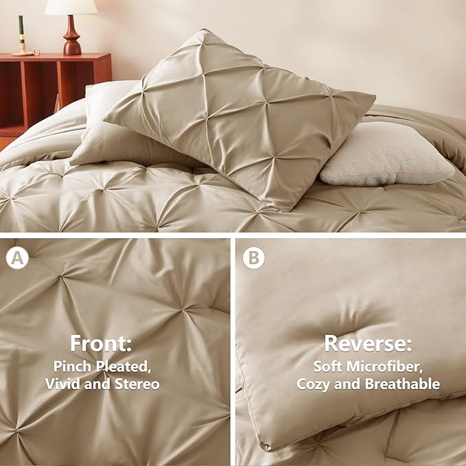 CozyLux Full Size Comforter Sets Taupe, 7 Pieces Pintuck Bed in A Bag Taupe Comforter Full Size, Pinch Pleat Bedding Sets with All Season Comforter, Sheets, Pillowcases & Shams