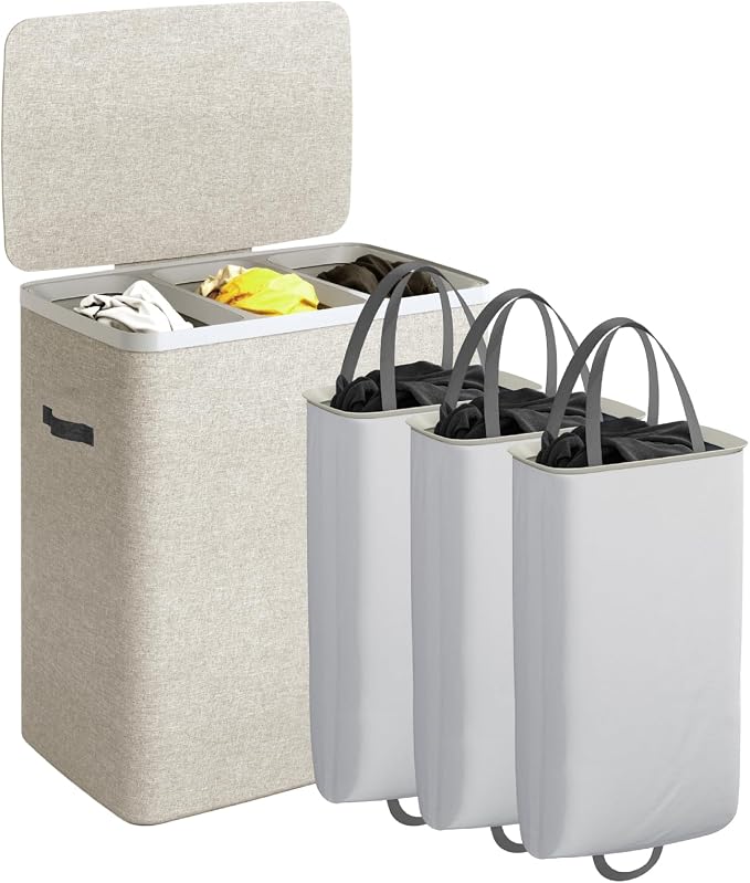 CASAMAYA Laundry Basket with Lid, Laundry Hamper 3 Section, 190L collapsible Laundry Organizer, Easy Assembly, with Handles and Removable Liners, 25.2 x 15.7 x 29.5 Inches, Beige JSP904M by Unknown
