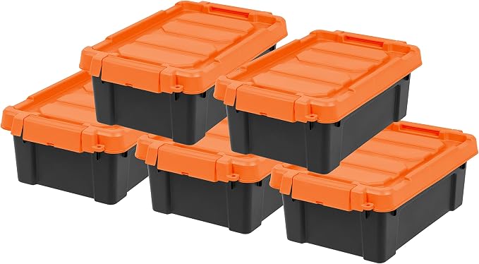 IRIS USA 3 Gallon Lockable Storage Bins with Lids, 5 Pack - Made in USA, Heavy Duty, Stackable Containers, Garage Organizing Bins Moving Tubs, Rugged Sturdy Equipment Utility Box - Black/Orange by IRISUSA