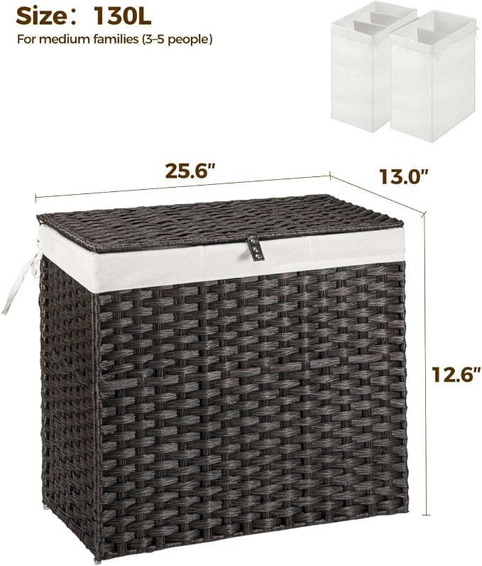Greenstell Laundry Hamper with Wheels&Lid, 130L Large 3 Sections Clothes Hamper with 2 Types Removable Liner Bags, 5 Mesh Laundry Bags, Handwoven Divided Laundry Basket Black - Image 5