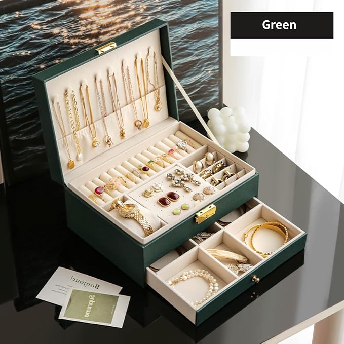 GUOER Jewelry Box for Women Girl Wife - Large PU Leather Jewelry Organizer Storage Case with Two Layers Display for Earrings Bracelets Rings Watches (Green) - Image 2