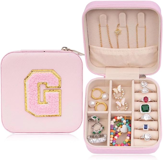 ETHOON Jewelry Travel Case Small Organizer Stocking Box Personalized Gifts Teenage Jewelry Accessories Holiday Wedding Christmas Gift for Women Pink, Letter G by ETHOON