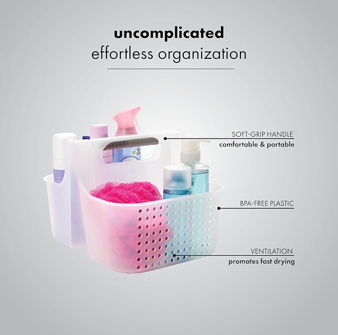 madesmart Large Portable Shower Caddy, Hold Soap, Shampoo, Hair Supplies and Beauty Products, Cleaning Supplies Organizer for Home, Dorm, Plastic Shower Tote, Soft Handle, Frost - Image 2