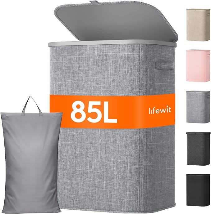 Lifewit 85L Large Laundry Basket with Lid, Laundry Hamper with Plastic Handles and Removable Bag, Foldable Tall Dirty Clothes Hampers for Laundry for Laundry Room, Bedroom, Bathroom, Dorm, Light Gray by Lifewit