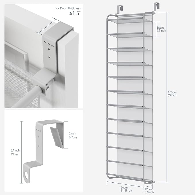 Whitmor 36 Pair Over The Door Shoe Organizer, 12 Tier Hanging Shoe Organizer, Heavy Duty Metal & Mesh Shoe Holder, Hanging Shoe Rack for Closet Organizer & Storage, 69"L x 21.7"W x 7.5"H, Grey - Image 2