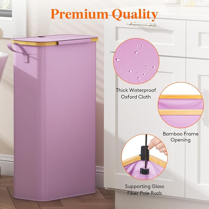 Lifewit 65L Slim Laundry Hamper with Lid, Narrow Laundry Basket with Removable Bag & Bamboo Handles, Fodable Thin Dirty Clothes Hamper for Laundry Collapsible Bin for Bathroom Bedroom Dorm, Purple - Image 7