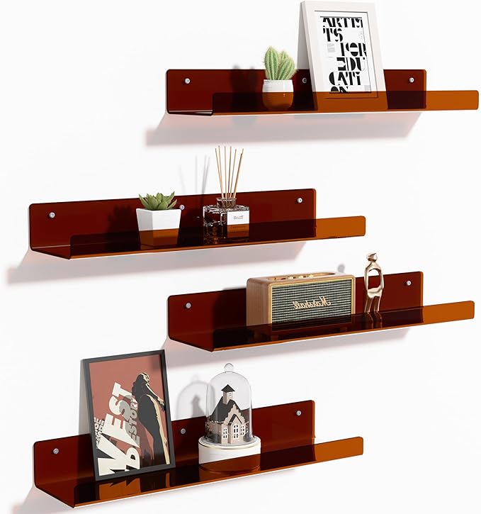 upsimples Acrylic Shelves for Wall Decor, 15" Display Shelf Perfume Organizer for Bathroom, Bedroom, Living Room, Floating Bookshelves for Kids, Clear Brown, 4 Pack by upsimples