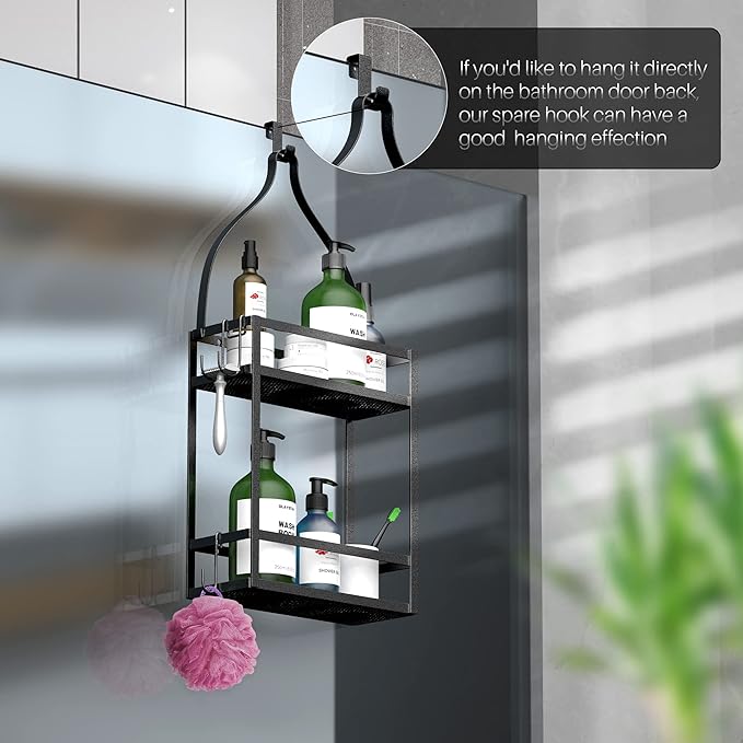 Meangood Shower Caddy, 10.4" x 4.5" x 22.04" Hanging Shower Caddy Organizer Over Shower Head Big Capacity for Shampoo, Conditioner with Hooks for Razor/Sponge, Matte Black - Image 4