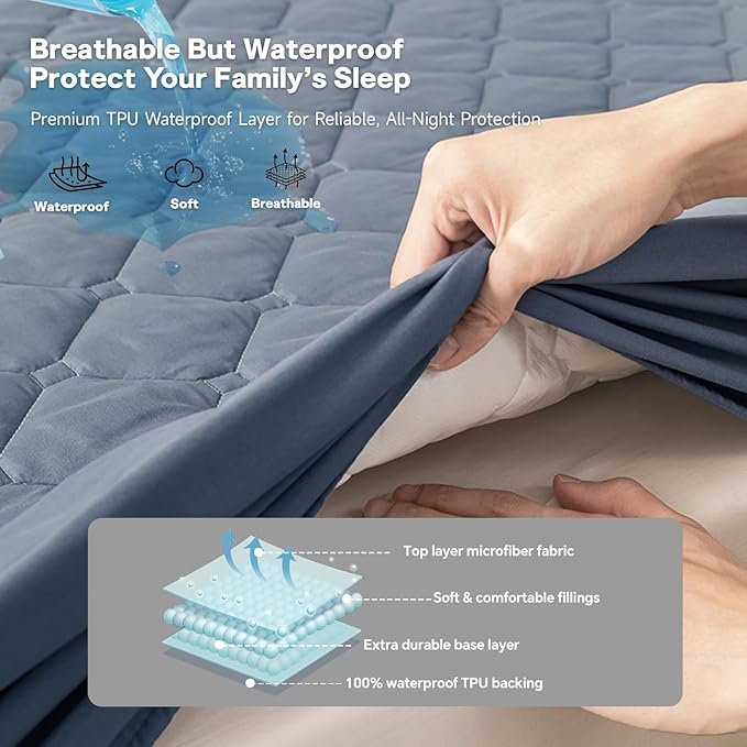 Queen Mattress Protector Waterproof, 18” Deep Pocket Fitted Sheet Queen+2pcs Pillow Cases - Leakproof, Oeko-TEX Certified, Breathable & Noiseless,Machine Washable (Blue)