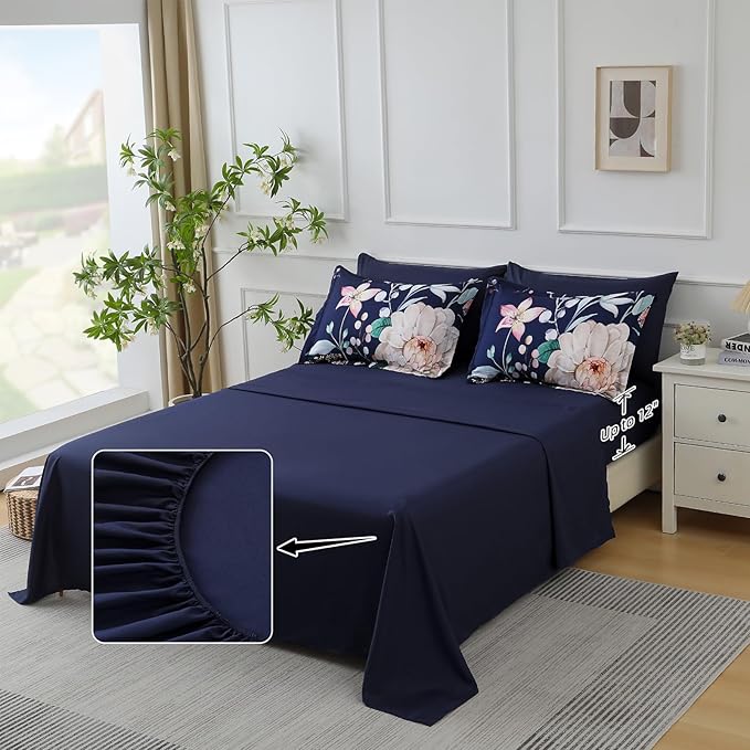 Drucon Navy Blue Comforter Set King Size - 7 Pieces Floral Bedding Sets, Soft Botanical Flowers Comforter Bed in a Bag with Sheets, Pillowcases & Shams