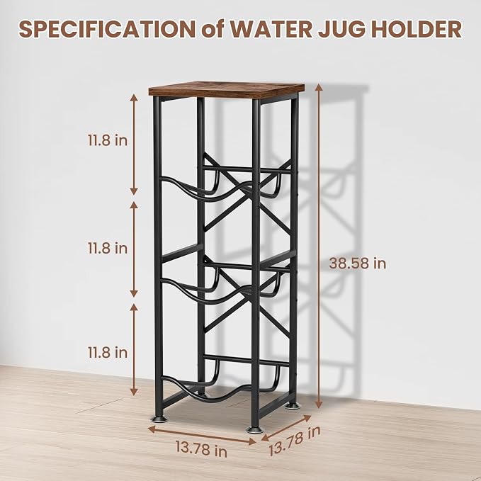 5 Gallon Water Jug Holder, 3-Tier Water Bottle Holder with Wood Top Shelf, Heavy Duty Water Cooler Jug Rack, Water Dispenser Storage Stand for Kitchen Office and Living Room - Image 3