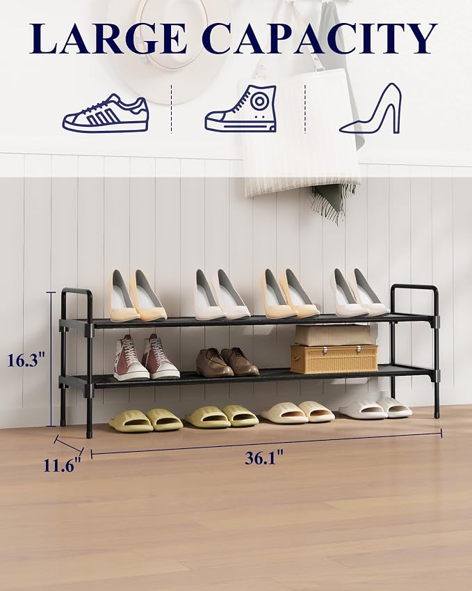Kitsure Shoe Rack for Closet, Shoe Organizer for Front Door Entrance, Stackable Shoe Shelf, Detachable Closet Organizers and Storage, 36.1" Wide - 2 Tiers, Black - Image 3