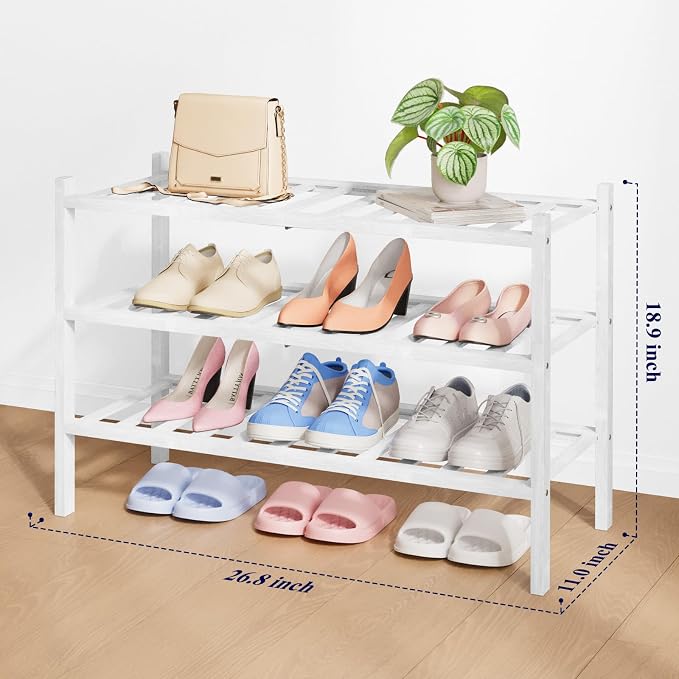 Kitsure Bamboo Wooden Shoe Rack for Closet - Stackable Shoe Organizer with Modular Structure, Space-Saving Shoe Shelf for Entryway, Living Room, Bedroom, 26.8" Wide - 3 Tiers, White - Image 2
