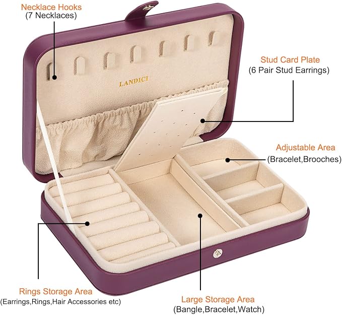 LANDICI Small Jewelry Box for Women Girls, PU Leather Travel Jewelry Case, Portable Jewelry Organizer Storage Holder Display for Ring Earrings Necklace Bracelet Bangle Men Kids Gift, Purple - Image 3