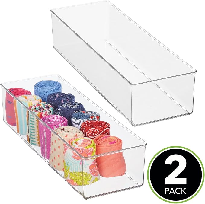 mDesign Plastic Drawer Organizer Box, Long Storage Organizer Bin Container; For Closets, Bedrooms, Use for Leggings, Socks, Ties, Jewelry, Accessories - Lumiere Collection - 2 Pack - Clear - Image 2