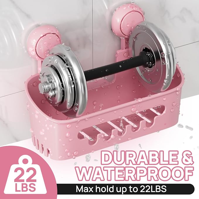 LEVERLOC Shower Caddy Suction Cup Set Shower Organizer & Soap Holder & Toothbrush Holder, Bathroom Shelf Basket NO-Drilling, Removable Suction Storage Waterproof Bathroom Caddy, Pink - Image 3