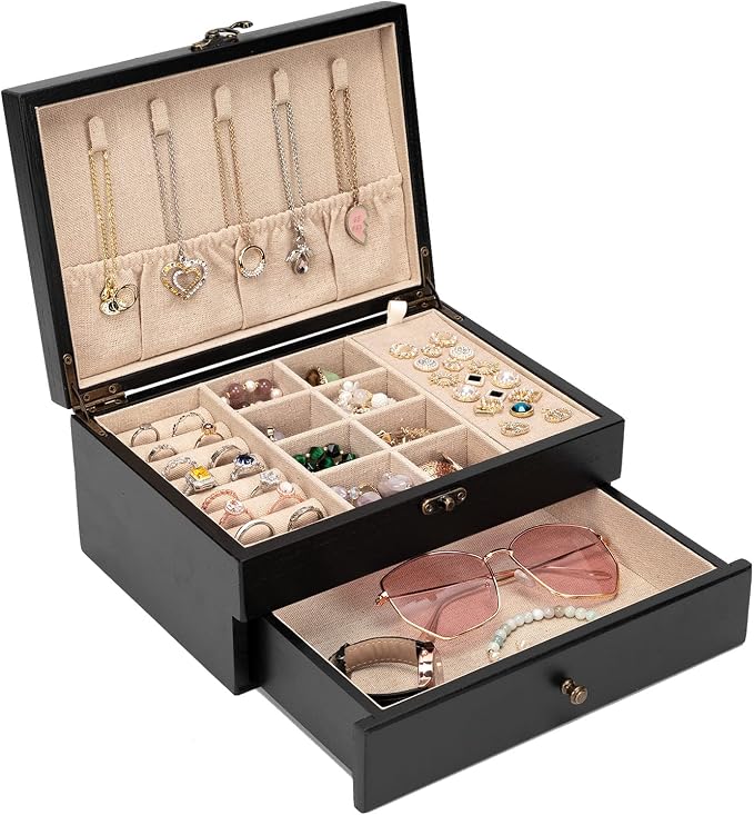 Pinzoveco Jewelry Box for Women, Rustic Wooden Jewelry Organizer Box for Storage Earrings Rings Necklace Bracelet, Farmhouse Style Wood Jewelry Boxes & Organizers (Black) by Pinzoveco
