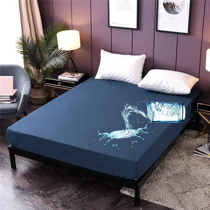 NTBED Waterproof Mattress Protector Cover Full Size Deep Pocket Polyester Bed Mattress Pad Cover Solid Color Fitted Sheet (54” x 75” (Navy Blue, Full)