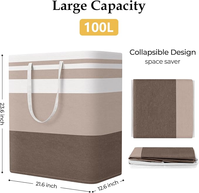 StorageRight Large Collapsible Laundry Basket Hamper with Easy Carry Handles，Freestanding Clothes Hampers for Laundry, Bedroom, Dorm, Towels, Toys, 100L, Khaki - Image 2