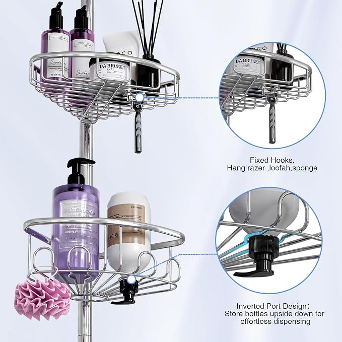 Corner Shower Caddy Tension Pole: Stainless Steel Rustproof 4-Tier Shower Organizer - 47-121 inch Adjustable Bathroom Shelves for Bathtub Shampoo Storage - Tension Rod Floor Standing Bath Rack - Image 3