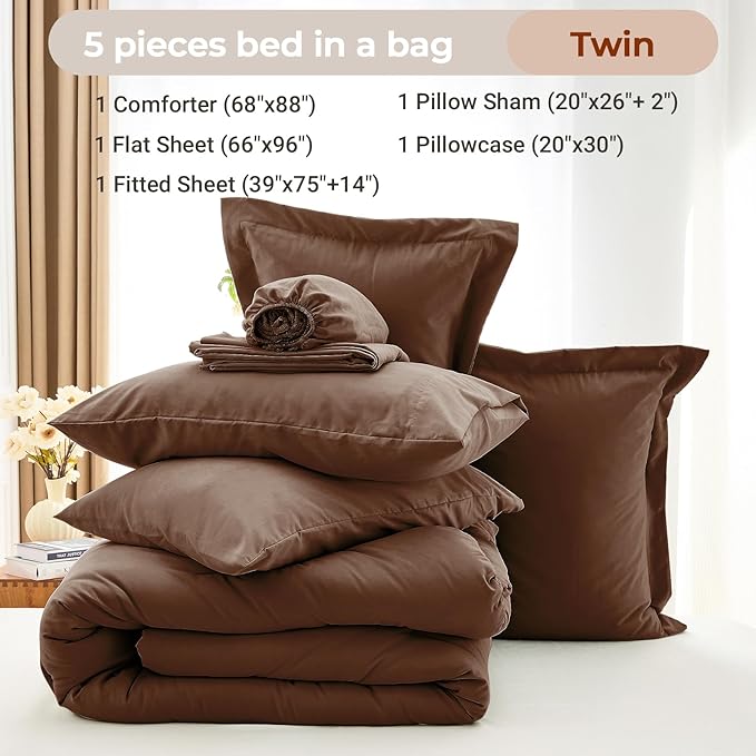 MUXHOMO 5 Pieces Twin Comforter Set, Soft Bed in a Bag Twin Size, All Season Bedding Set with Comforter, Flat Sheet, Fitted Sheet, Pillowcases & Shams, Brown