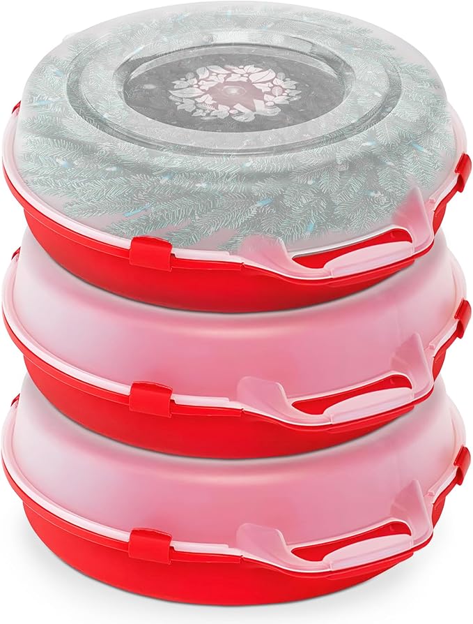 HOMZ 3-Pack 24 Inch Seasonal Holiday Clear Plastic Wreath Storage Containers, Red – Stackable Decoration Organizer Bins with Lids and Handles for Christmas Wreaths and Garlands by Homz