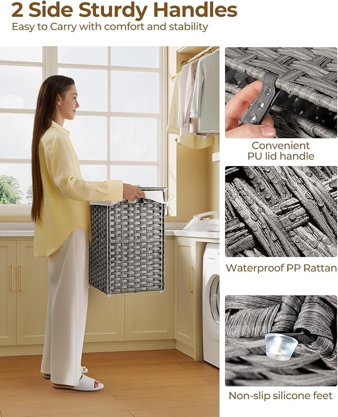 Greenstell Laundry Hamper with Lid, 60L Clothes Hamper with 2 Removable Liner Bags & 2 Mesh Laundry Bags, Handwoven Synthetic Rattan Laundry Basket for Clothes, Toys in Bathroom, Bedroom Grey - Image 3