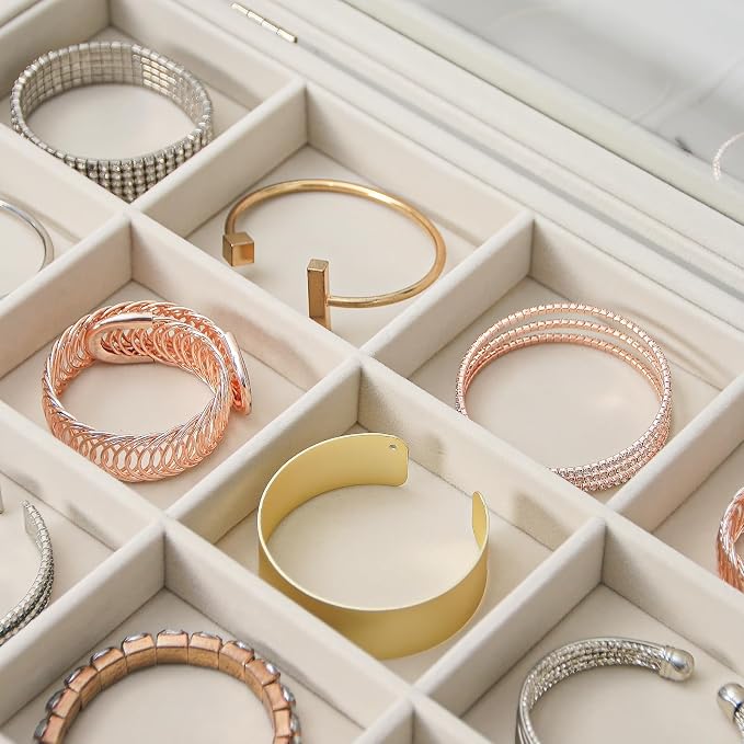 Coward Jewelry Organizer Box, Beige Velvet 12 Grids Bracelet Bangle Necklace Jewelry Display Tray Case with Transparent Glass Lid for Home Drawer Desk or Store Selling Show - Image 5