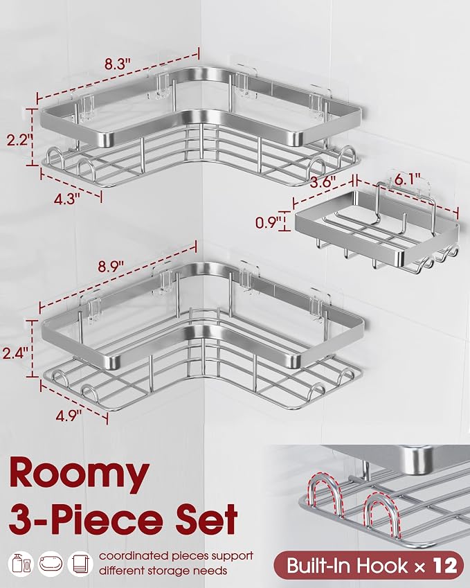 Sakugi Corner Shower Caddy - 3-Pack Shower Organizer with Soap Holder & Built-In Hooks, Rustproof Metal Shower Shelves, Laundry, Kitchen, Bathroom Organizers and Storage Solution, Large, Silver - Image 2