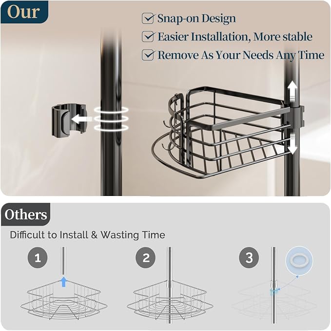 Consumest Corner Shower Caddy Tension Pole - Rustproof Shower Shelves with Towel Bar & Soap Holder, Adjustable Bath Organizer for Bathroom Storage, 27.6-108.3 inch, Black - Image 3