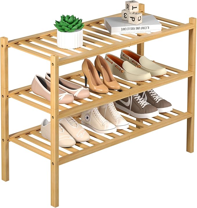 ROMGUAR CRAFT 3 Tier Bamboo Shoe Rack for Closet Free Standing Wood Shoe Shelf Storage Organizer for Entryway Small Space Stackable 27"x11"x20" (Natural) by ROMGUAR+CRAFT
