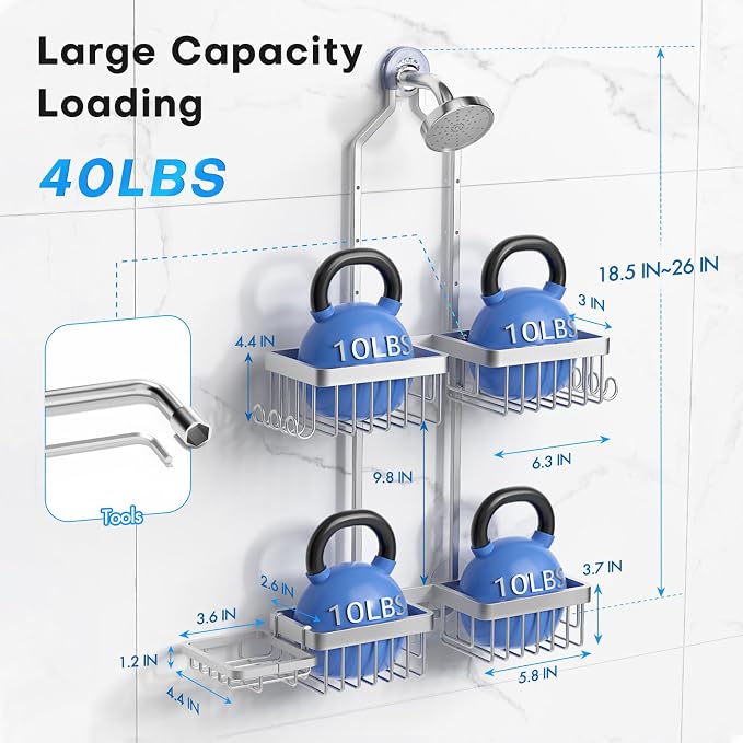 Sewulidon Aluminum Alloy Hanging Shower Caddy for Handheld Shower Heads,Rustproof Hose Shower Organizer 4 Levels Height Adjustable Shower Rack with Hooks,Razor Holder,Soap Holder - Image 7
