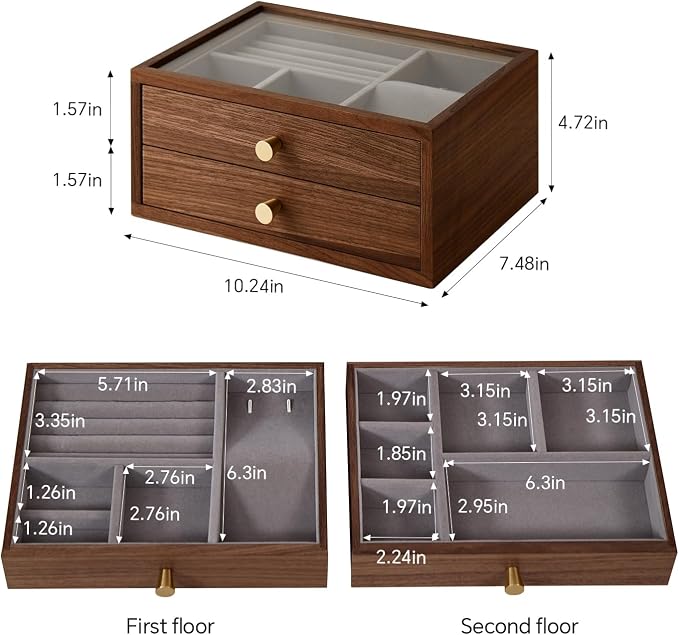 Black Walnut Jewelry Organizers and Storage,2 Layer Wooden Jewelry Boxes for Women,for Necklaces Ring Earring (2 Layer) - Image 2