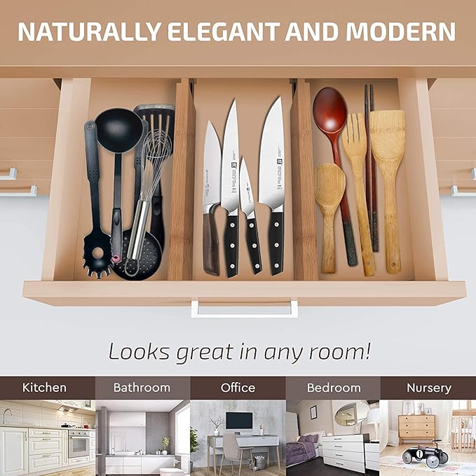 6-Pack Bamboo Drawer Dividers - 2.6 in High, Adjustable 16 to 22 in Expandable Drawer Organizers and Dresser Separators for Clothes, Bedroom, Bathroom, Kitchen, and Office Organization and Storage - Image 3