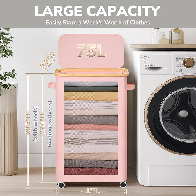 Goodpick Slim Laundry Basket with Wheels and Lid, 75L Tall Laundry Hamper with Bamboo Frame Removable Bag, Collapsible Clothes Hamper for Dorm Home Decor, Pink, 17" x 9.8" x 29.5" - Image 3