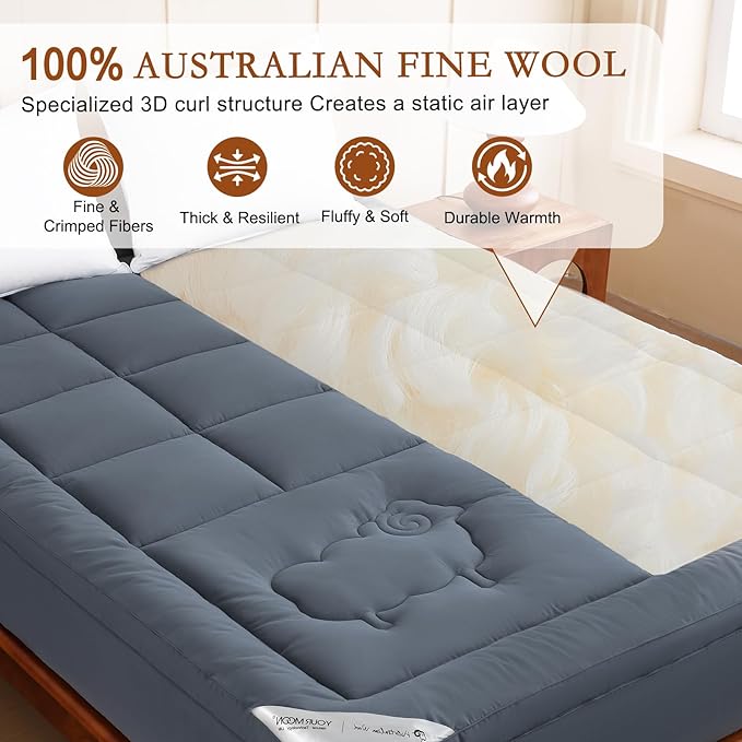 YOUR MOON 100% Organic Wool Mattress Topper Queen Size, 800GSM Natural Wool Filling, Thick Pillow Top Mattress Pad, Back Pain Relief Bed Topper with Cotton Cover, 16" Deep Pocket, 39"x80" (Gray)