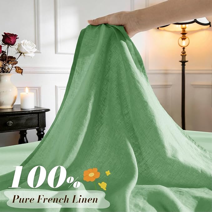SONORO KATE 100% French Pure Linen Sheets, Breathable and Durable Linen Full Size Sheets, Anti-Tear Linen Bed Sheets, Machine Washable, 16 Inch Deep Pocket - 4 Piece (Green, Full)