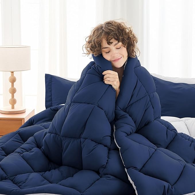 MUXHOMO 7 Pieces Queen Comforter Set, Reversible Bed in a Bag Queen Size, All Season Bedding Set with Comforter, Flat Sheet, Fitted Sheet, Pillowcases & Shams, Navy & Light Grey