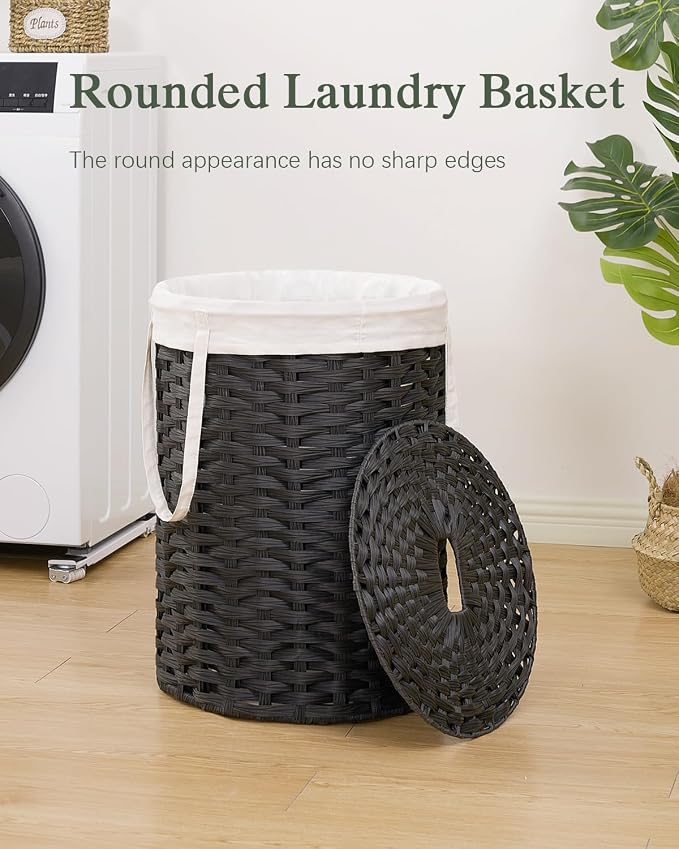 SETVSON Laundry Hamper with Lid Laundry Basket with Lid 19.0 Gal (72 L) Round Wicker Laundry Basket Handwoven Rattan Basket with Lid Removable Bag 2 Mesh Bags Handles for Living Room Bathroom Black - Image 2